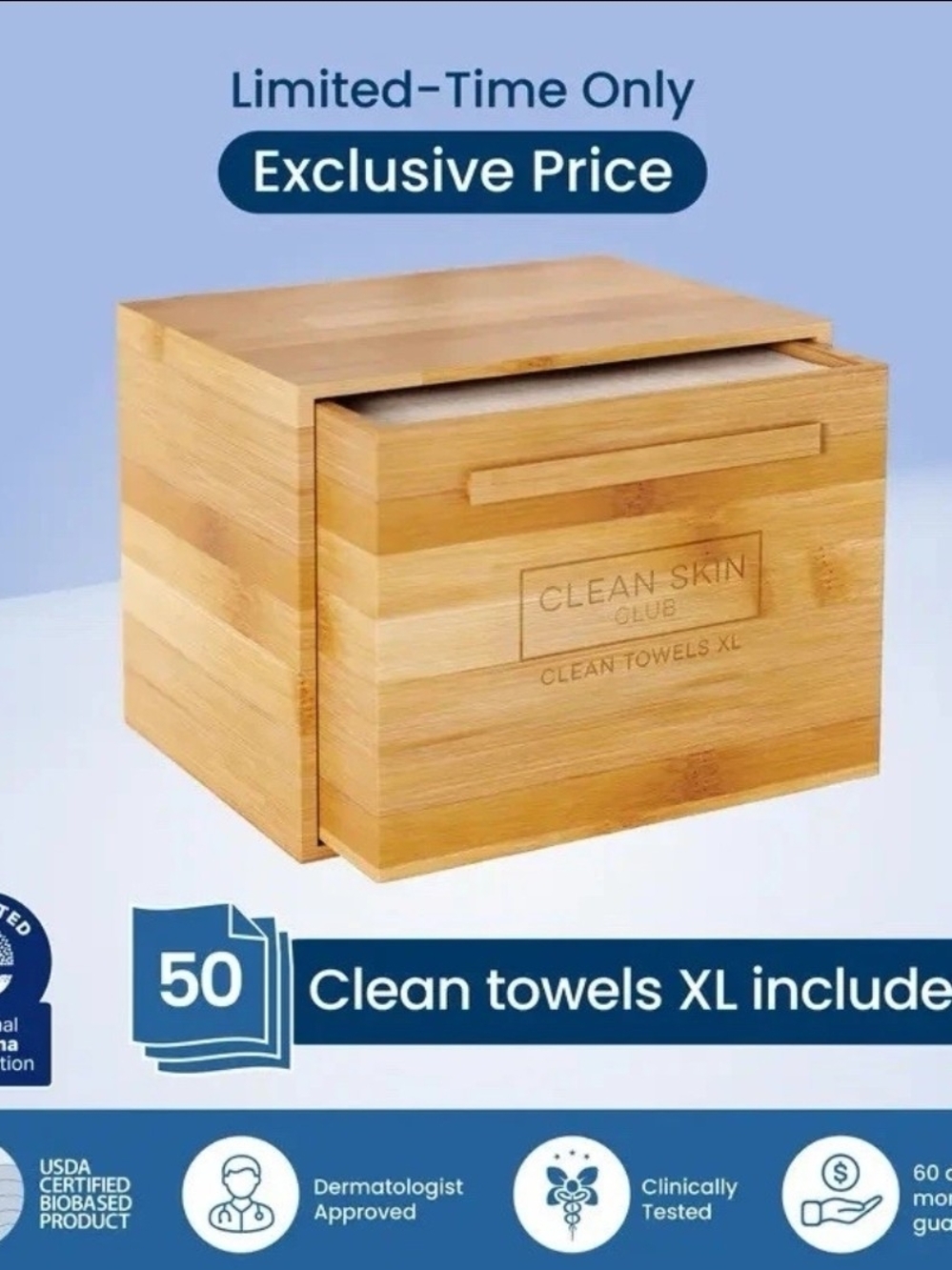 Clean Skin Club Luxe Bamboo Box & 50 XL Face Towels. New!